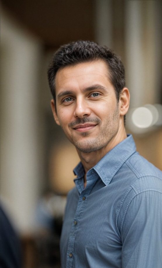 a man in a blue shirt smiling at the camera