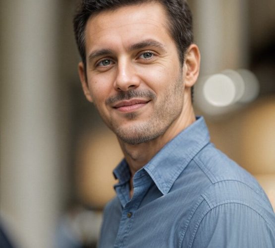 a man in a blue shirt smiling at the camera